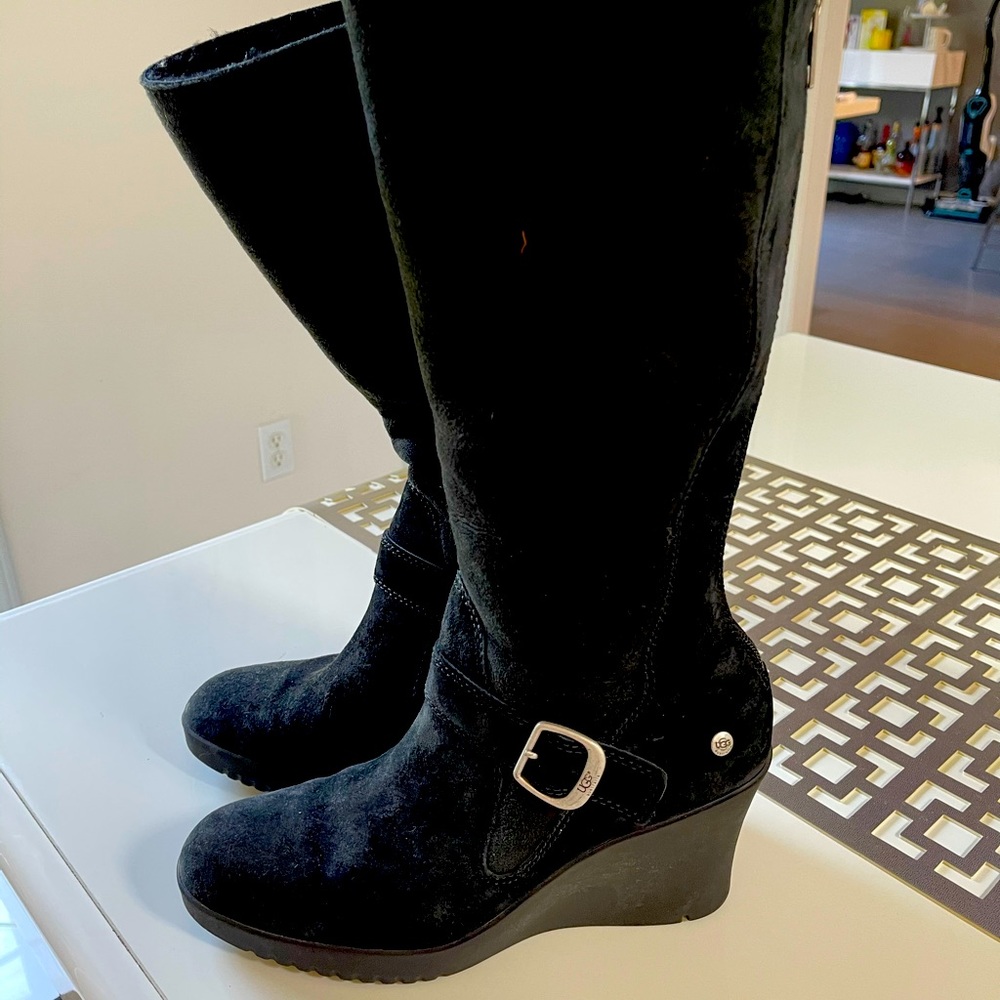 UGG Black Suede Wedge Knee-High Boots